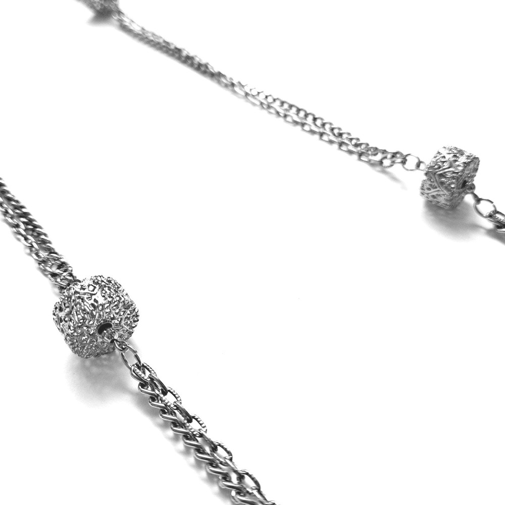 Vintage Silver Necklace 30" Multi Strand Drum Bead Scrolled Silvertone Chain - Picture 5 of 6